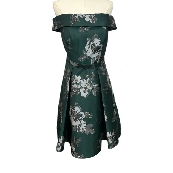 Eliza J Off the Shoulder Emerald Green Brocade Floral Belted Dress Sz 10 - Picture 2 of 16